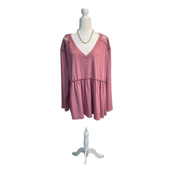 Torrid 3X Pink Waffle Knit V-Neck Flowy Top with Lace Details and Ruffle Hem - Picture 1 of 4
